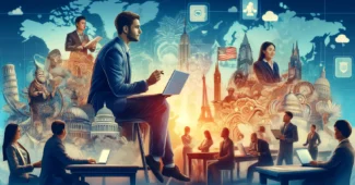 Ein horizontales Bild, das die Attraktivität der internationalen Rekrutierung als Karriereoption zeigt. Eine Fachkraft arbeitet in einem fremden Land in einer multikulturellen Arbeitsumgebung mit Kollegen aus verschiedenen Ländern. Im Hintergrund sind Wahrzeichen und kulturelle Symbole verschiedener Länder zu sehen. Die Fachkraft lernt neue Fähigkeiten am Computer, was das berufliche Wachstum unterstreicht. Die Atmosphäre ist dynamisch und multikulturell, was die Vorteile des Arbeitens im Ausland betont.