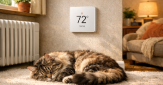 In Deutschlands Haushalten wird für Haustiere geheizt. Dieses Bild zeigt eine Katze, die es im Wohnzimmer komfortabel hat.