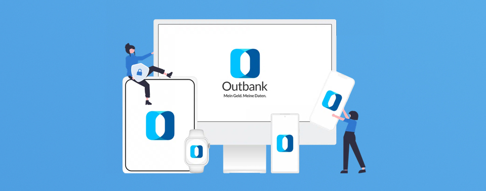 Promocodes - Aktuelle Coupons 7 Outbank Banking App: Jetzt 3 Gratismonate sichern, anstatt nur 14 Tage kostenlos testen. Die Abbildung zeigt eine Werbegrafik, welche suggeriert, dass Outbank nicht nur für macOS verfügbar ist, sondern auch für iOS und iPadOS.