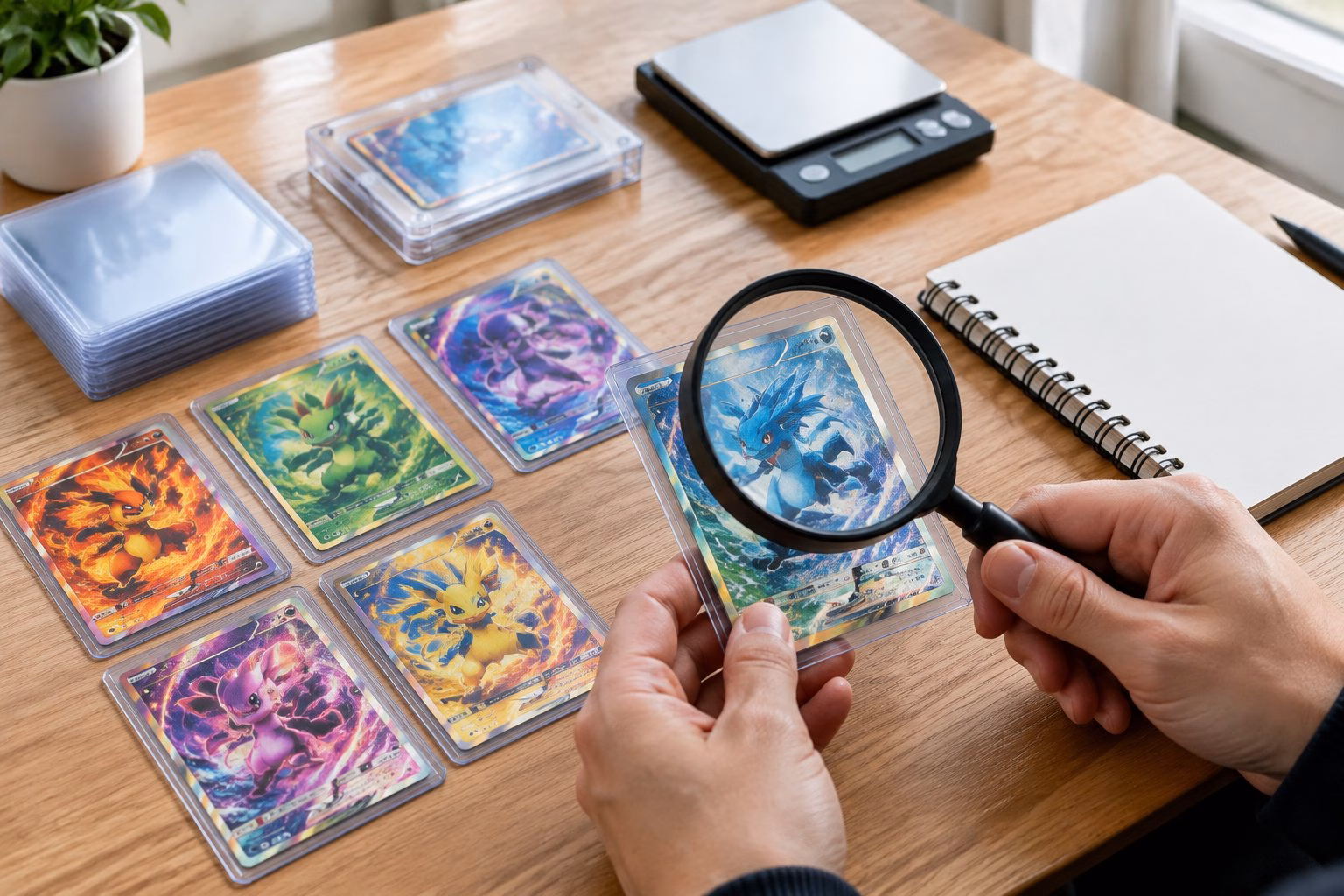 Pokémon Karten Wert ermitteln: Preise richtig vergleichen 2 Hände prüfen Sammelkarten auf einem Tisch mit Lupe und Schutzhüllen.