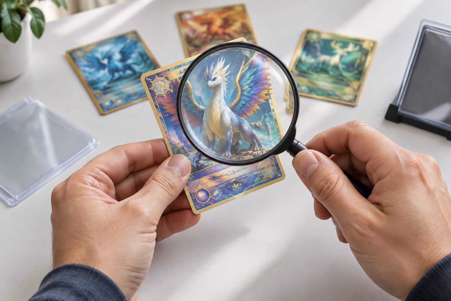 Pokémon Karten Wert ermitteln: Preise richtig vergleichen 3 Eine Person untersucht eine Sammelkarte mit einer Lupe neben weiteren Karten.