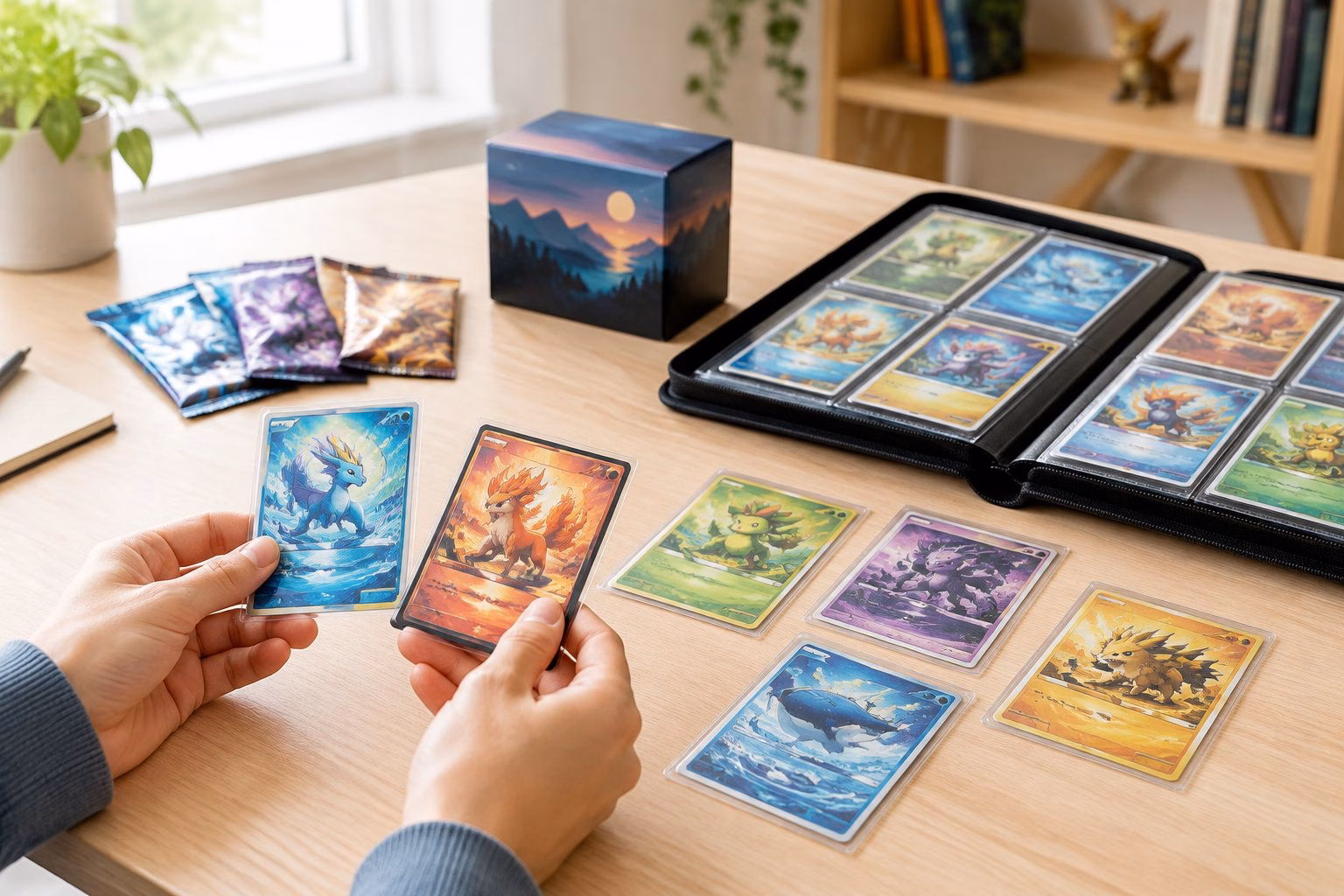 Pokémon-Sammelkarten: Kaufen, sammeln und Werte verstehen 3 Hände vergleichen Sammelkarten neben einem geöffneten Kartenordner, Boosterpacks und einer Deckbox.