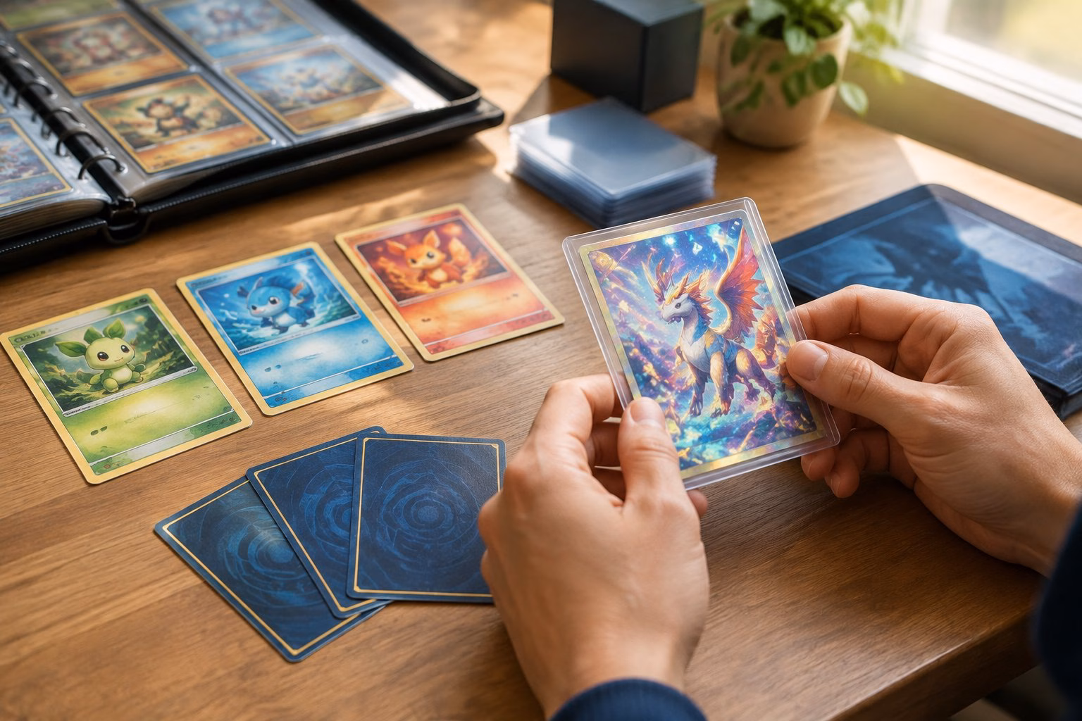 Pokémon-Sammelkarten: Kaufen, sammeln und Werte verstehen 4 Hände betrachten Sammelkarten und eine glänzende Karte in einer Schutzhülle.